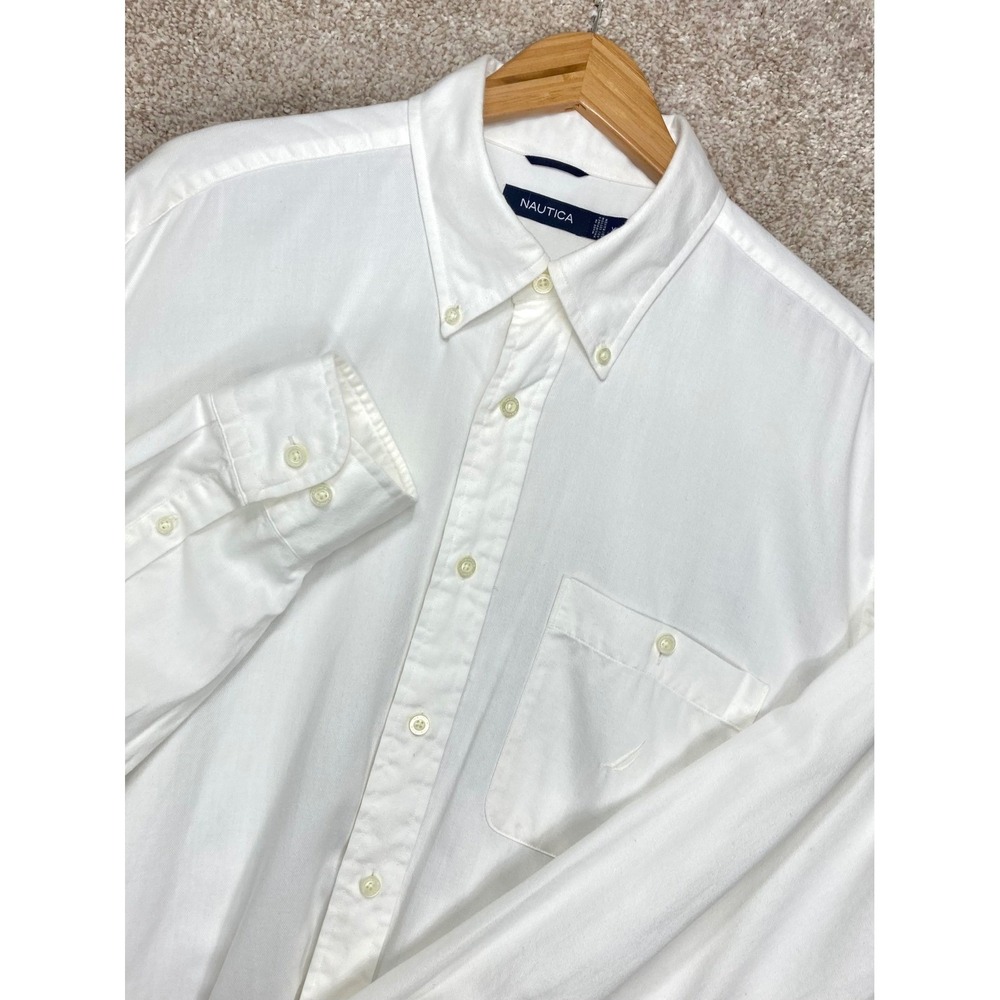 Nautica Long Sleeve Button Down Shirt Mens XL White Cotton Business Minimalist